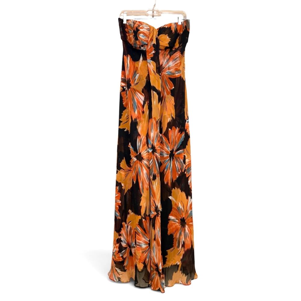 Donna Ricco Orange and Black Strapless Gown Resort Wear Silk Floral 14